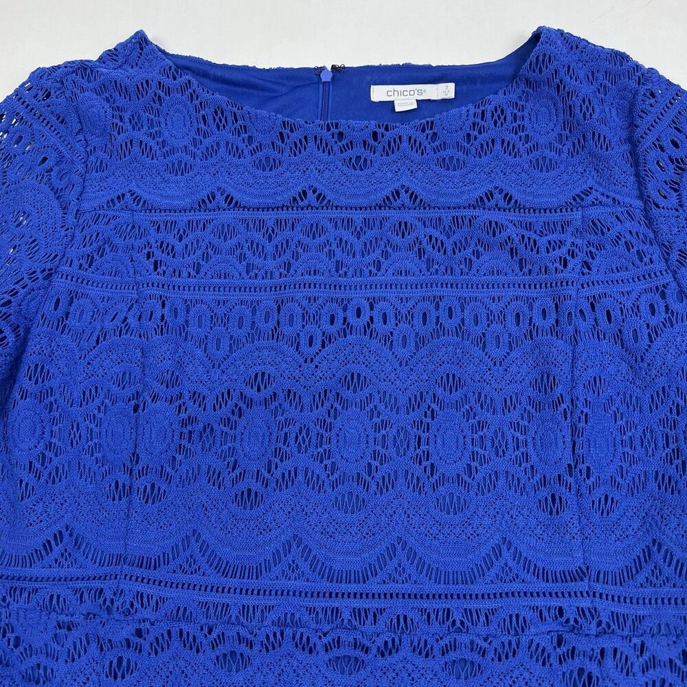 Chico’s 3 Cobalt Blue Crochet Lace 3/4 Sleeve  Knee Length Shift Dress Womens 16 - Picture 3 of 11